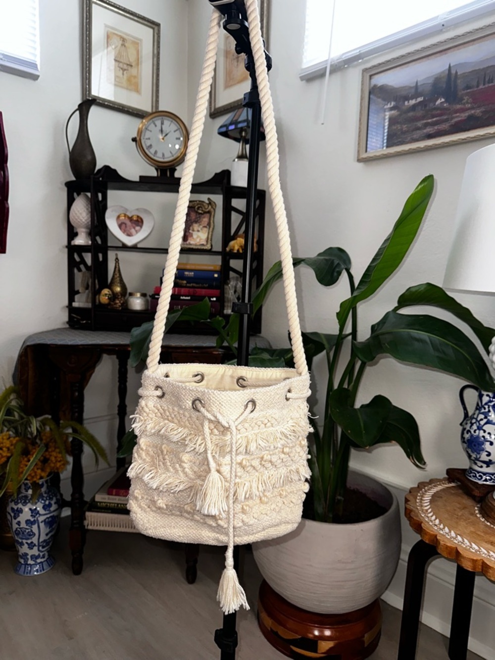 aerie Cream Fringe Rope Bucket Crossbody Bag